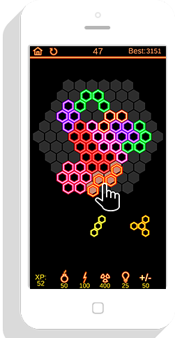 Hexagonal gameplay with stacked neon shapes