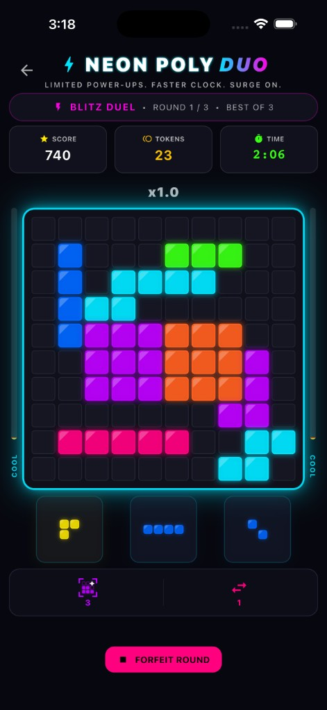 Neon Poly Duo gameplay with a glowing board