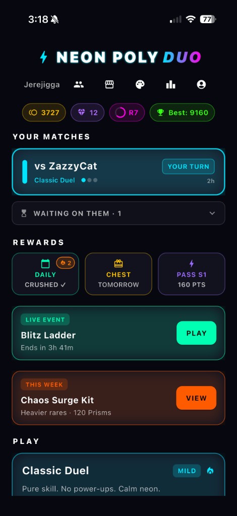 Neon Poly Duo home hub showing matches, rewards, and play cards