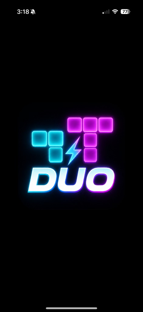 Neon Poly Duo splash screen with cyan and magenta polyominoes
